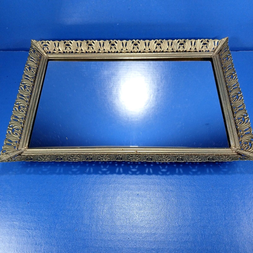 Vintage Ormolu Mirrored Vanity Dresser Tray Gold Color Hollywood Regency 12"